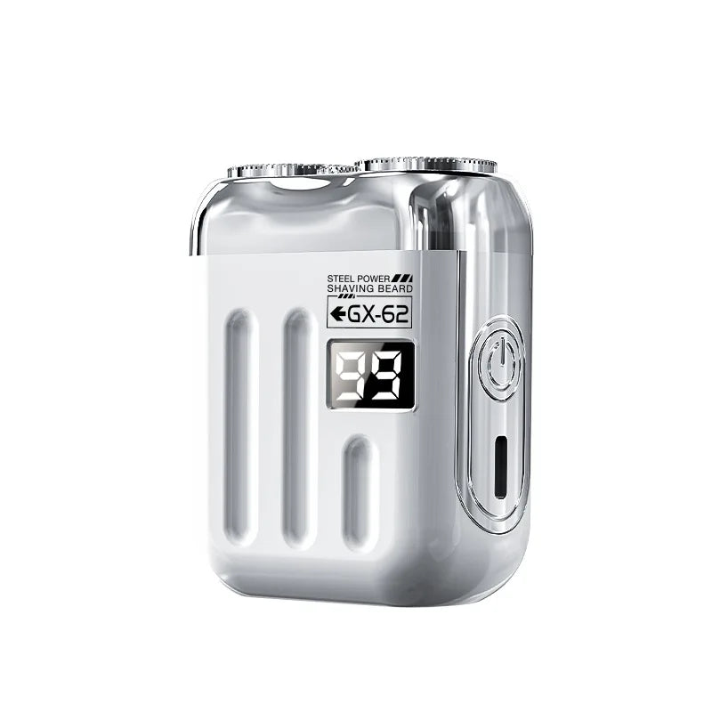 A silver portable electric shaver for men with a textured body and a power switch.