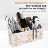 A wooden box storing hairdressing scissors, combs, and clips for storage and decoration.