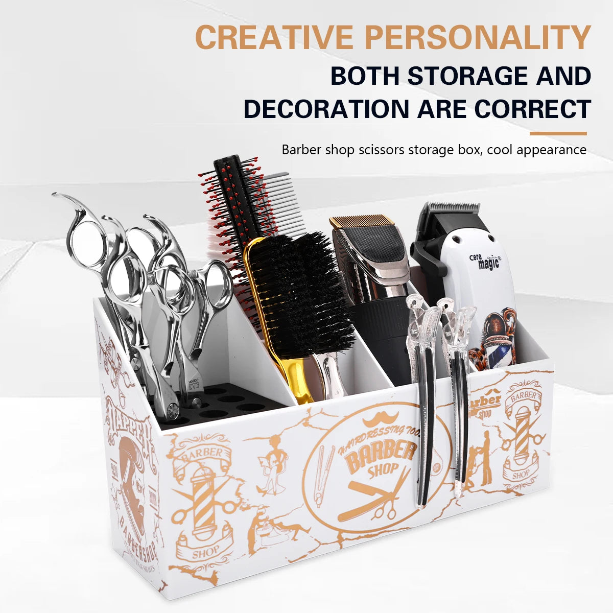 A wooden box storing hairdressing scissors, combs, and clips for storage and decoration.