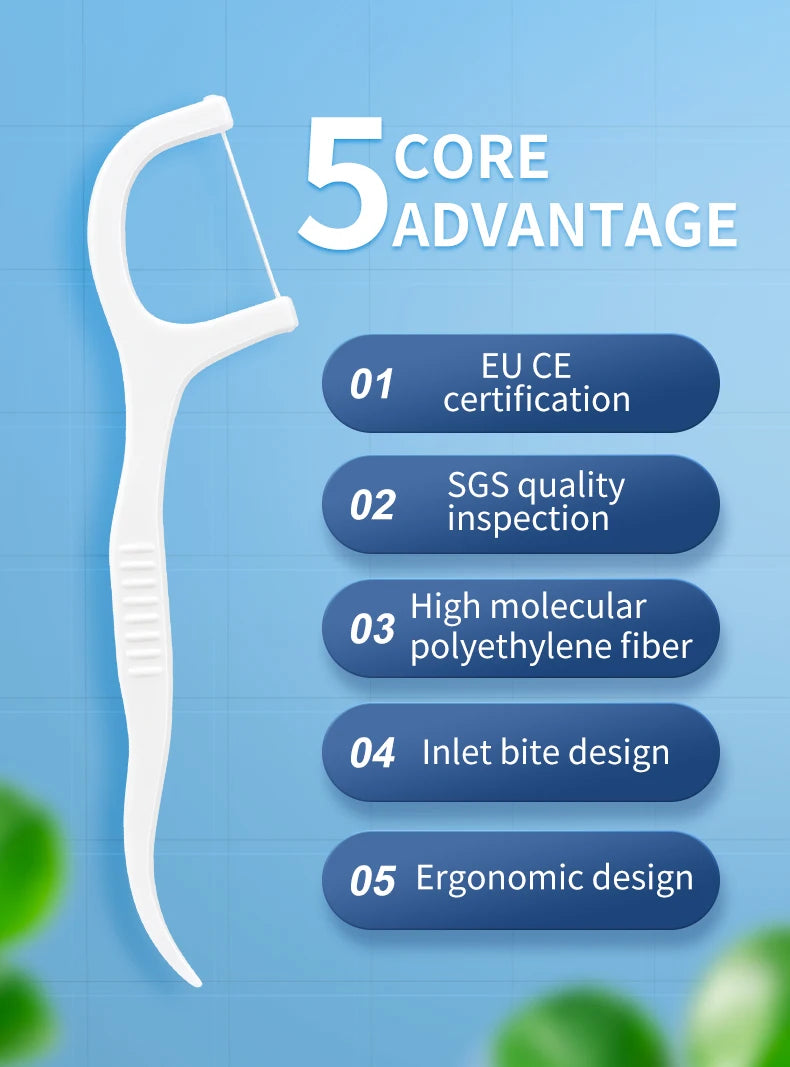 Un fil dentaire blanc avec cinq avantages, y compris la certification CE de l'UE et une conception ergonomique.