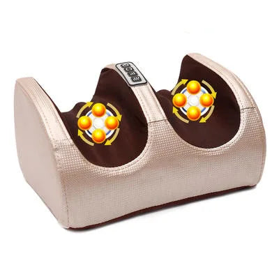 A beige heated shiatsu foot massager with a brown cushioned footrest and orange accents.