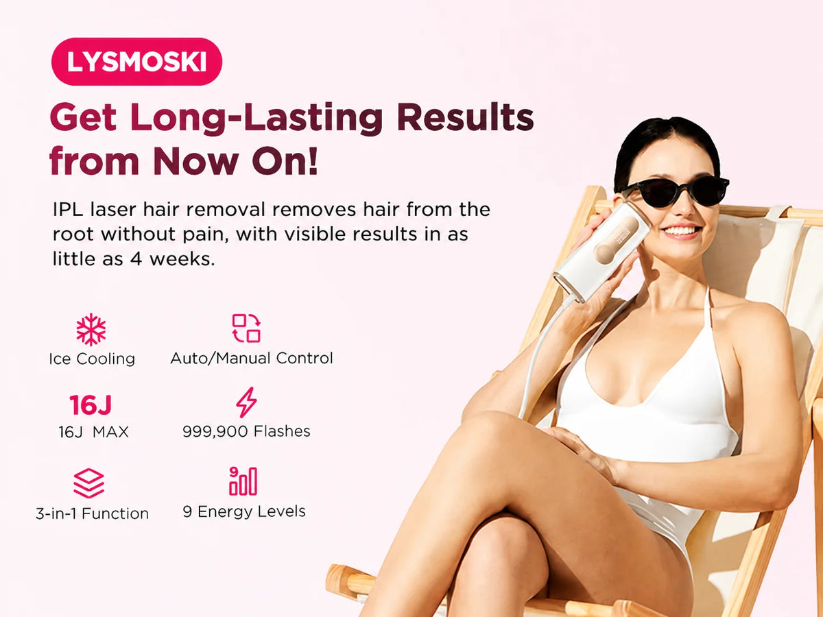 A woman is using an IPL hair removal device on her upper body while relaxing in a chair.