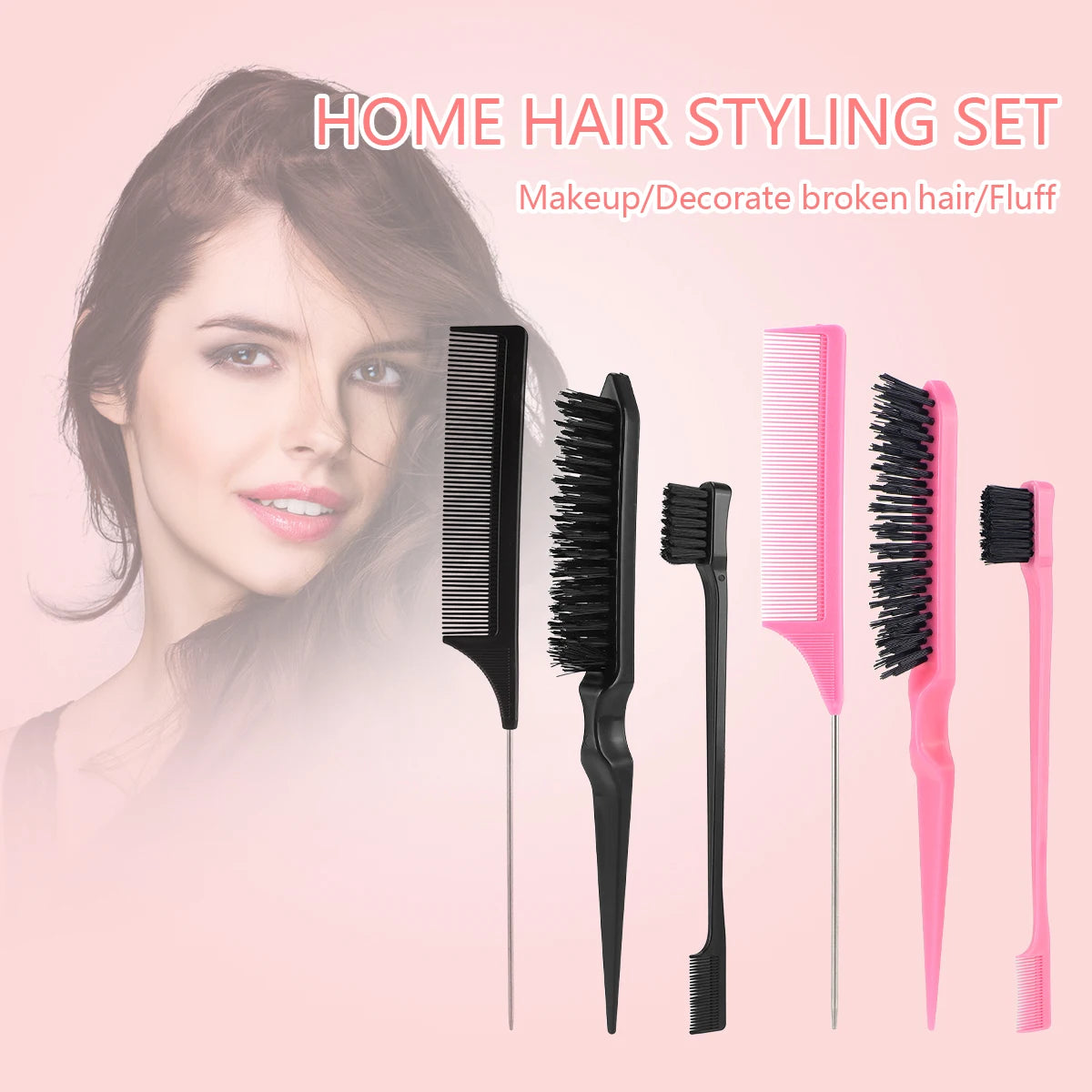 A set of four home hair styling brushes including a comb and various bristle brushes for makeup and decor.