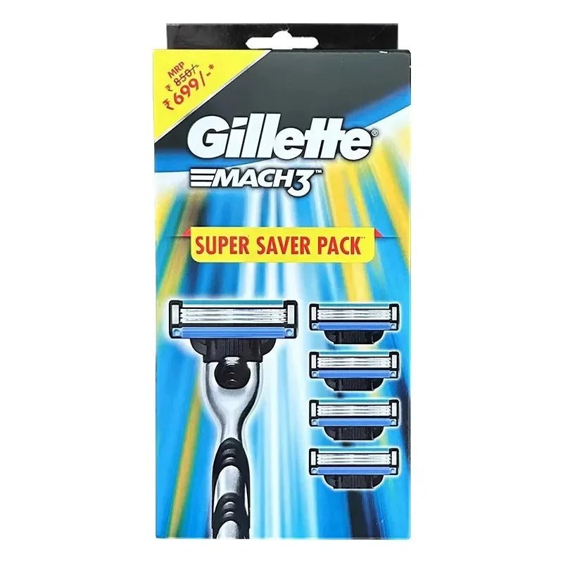 A pack of Gillette Mach3 razor blades with a yellow and blue background.