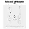 Diagram showing the easy installation of replacement toothbrush heads onto a brush handle.