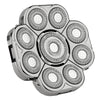 A silver precision electric razor head with multiple rotating blades.