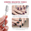 A double-head nail magnet tool is shown being used on a hand, demonstrating its ability to create stripes and S patterns on t