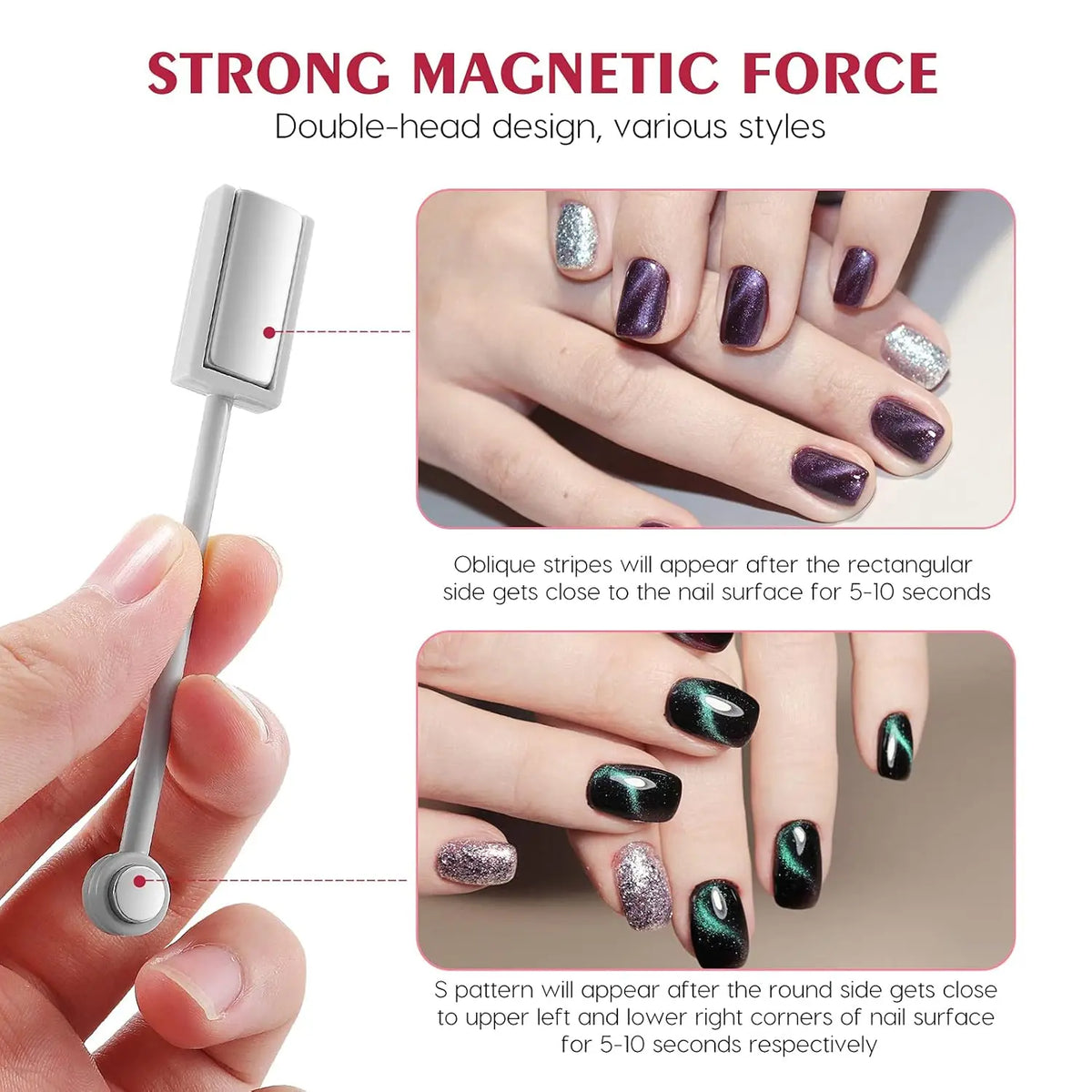 A double-head nail magnet tool is shown being used on a hand, demonstrating its ability to create stripes and S patterns on t