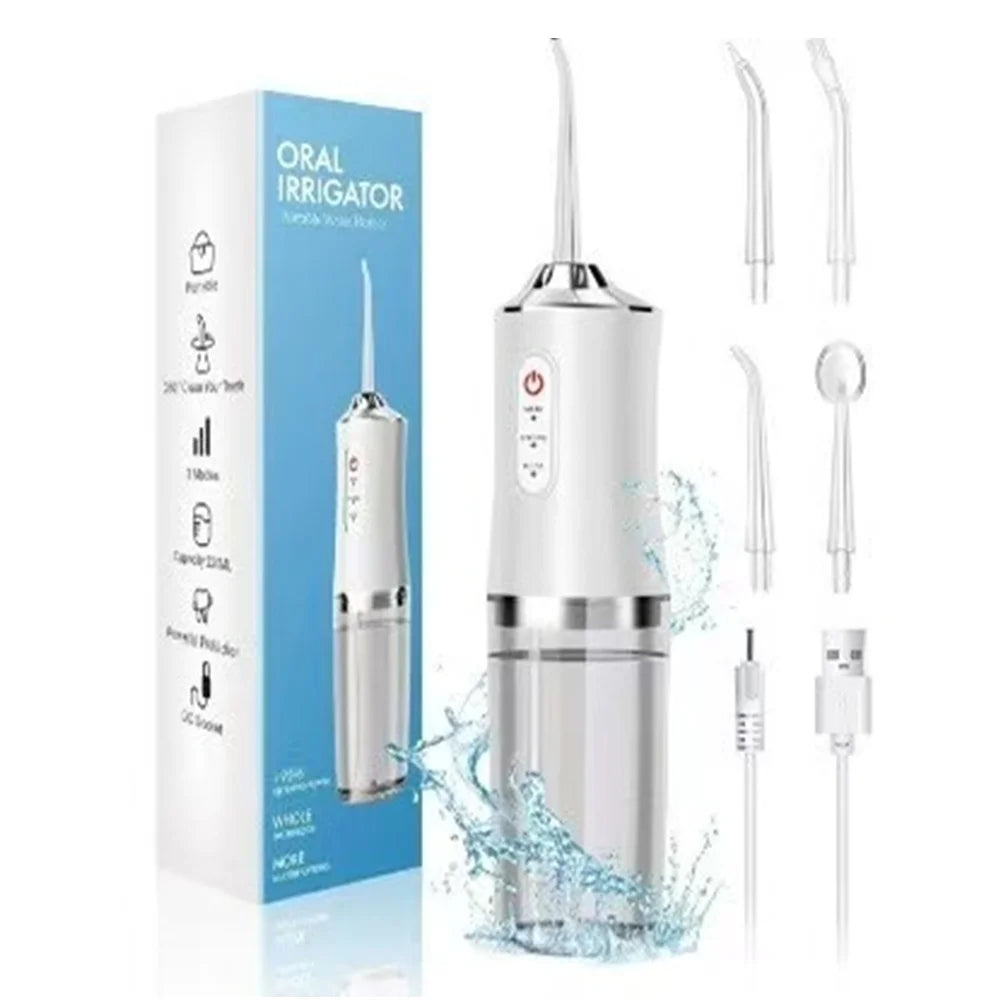 A box and various attachments of a 3-mode rechargeable oral irrigator water flosser device.