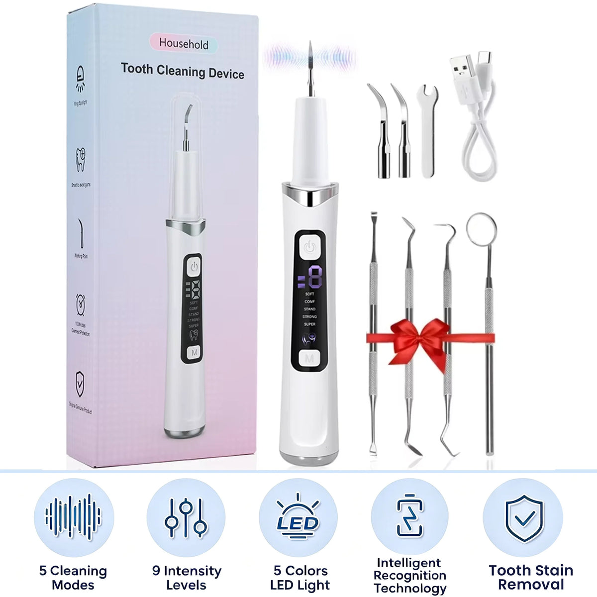 A set of ultrasonic dental cleaning devices including a handheld scaler, probes, and a cleaning device box.