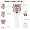 A collection of components for a 6-in-1 portable electric hair remover, including various heads and accessories.