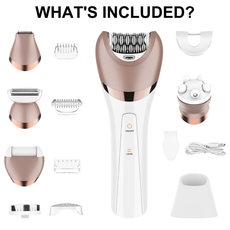 A collection of components for a 6-in-1 portable electric hair remover, including various heads and accessories.
