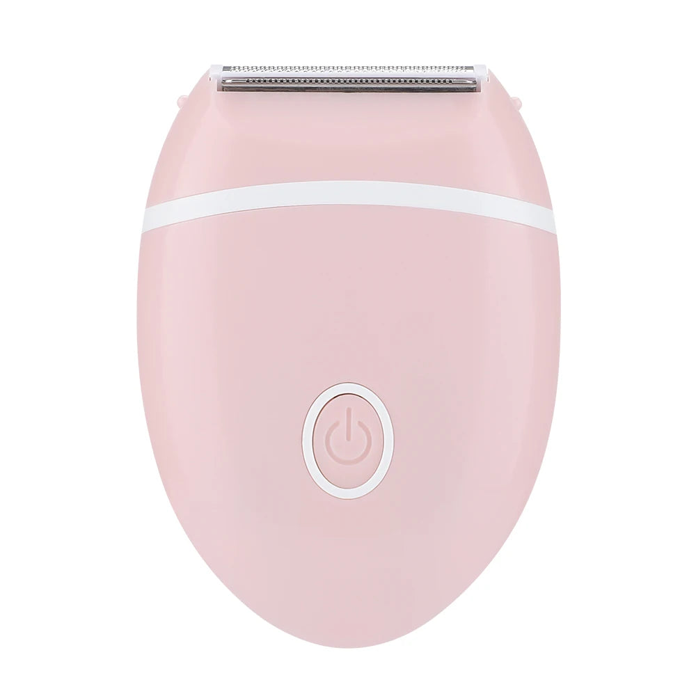 A pink 3-in-1 electric mini shaver with a silver grille and a power button.