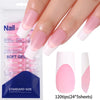 A hand displays nude pink matte French press on nails packaged with 120 tips and 24 sheets.