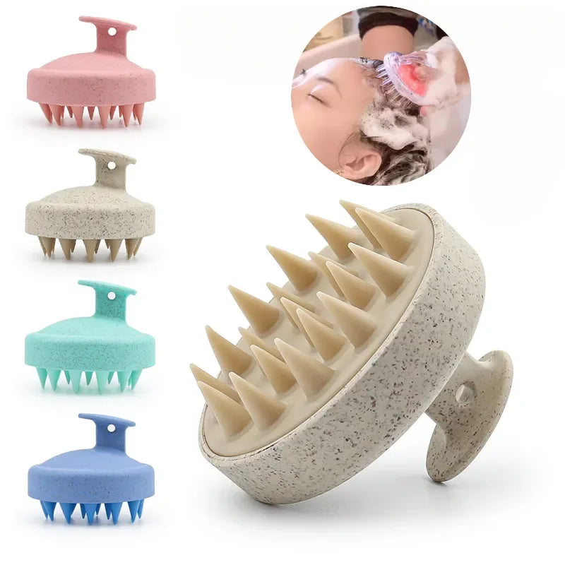 A collection of silicone scalp massage and body brushes in various pastel colors, including pink, beige, mint green, and blue