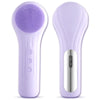 A pair of purple sonic facial cleansing brushes, one showing the brush head and the other showing the charging base.