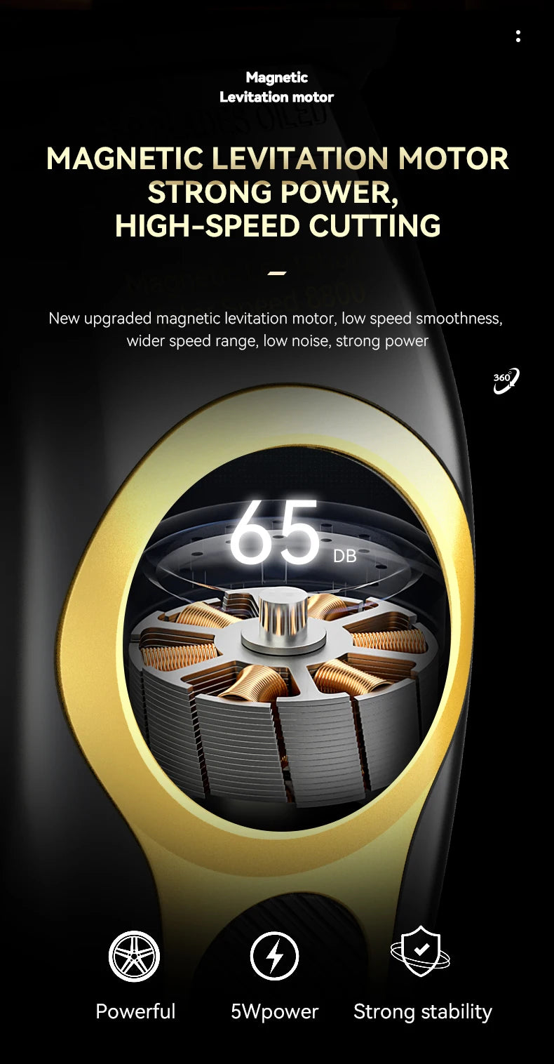 Nahaufnahme eines magnetischen Levitationsmotorkomponenten mit 65 dB Lautstärke und Leistungsangaben für eine Haarschere.