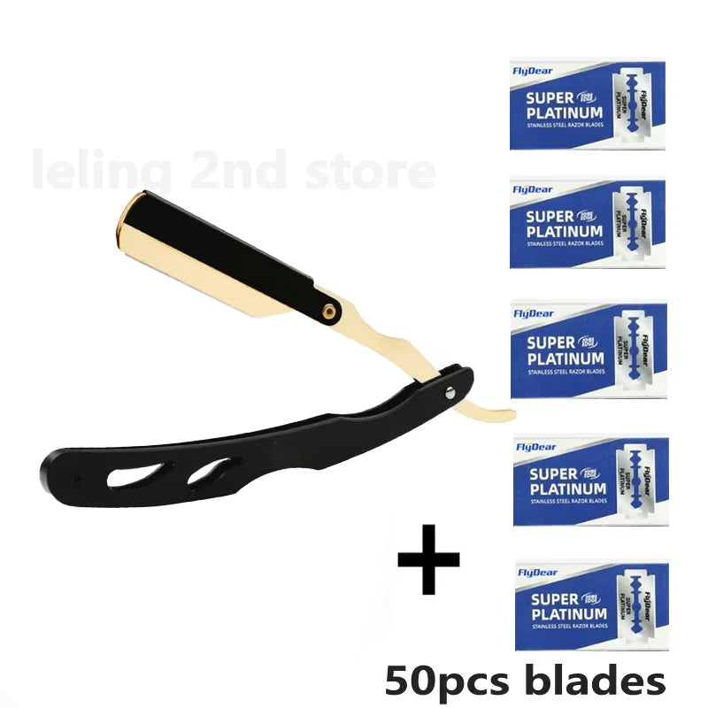 A set of 50 stainless steel razor blades for a professional straight edge barber razor.
