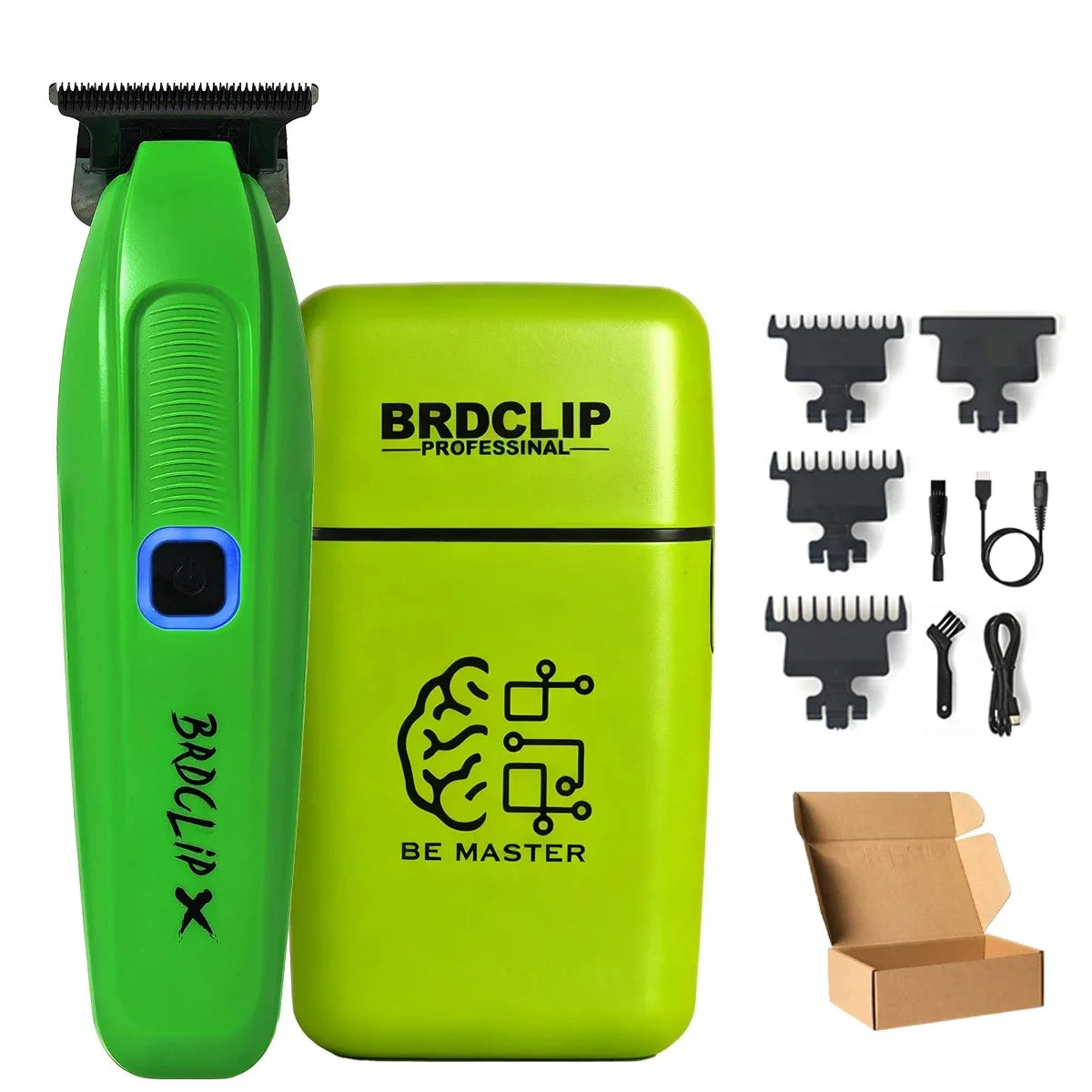 A green professional hair clipper set featuring a trimmer and accessories on a white background.