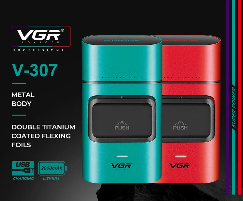 VGR V-307 electric hair trimmer set in teal and red colors with metal body and lithium battery
