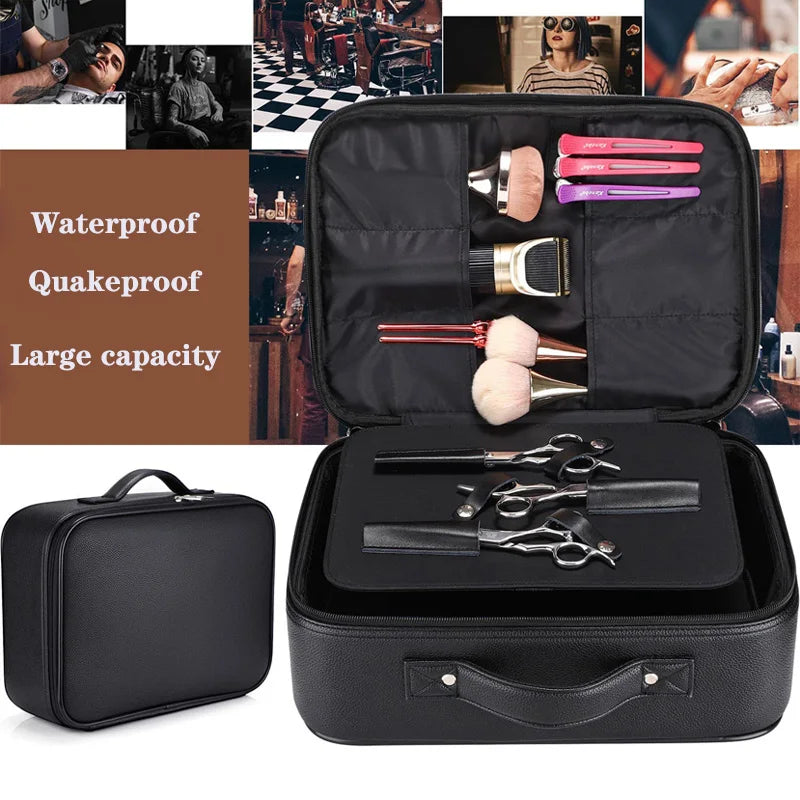 Black professional barber tool storage bag with multiple compartments and a separate zippered case.