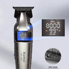 A black cordless electric clipper with a digital display screen and two-gear adjustment is shown on a metallic surface.