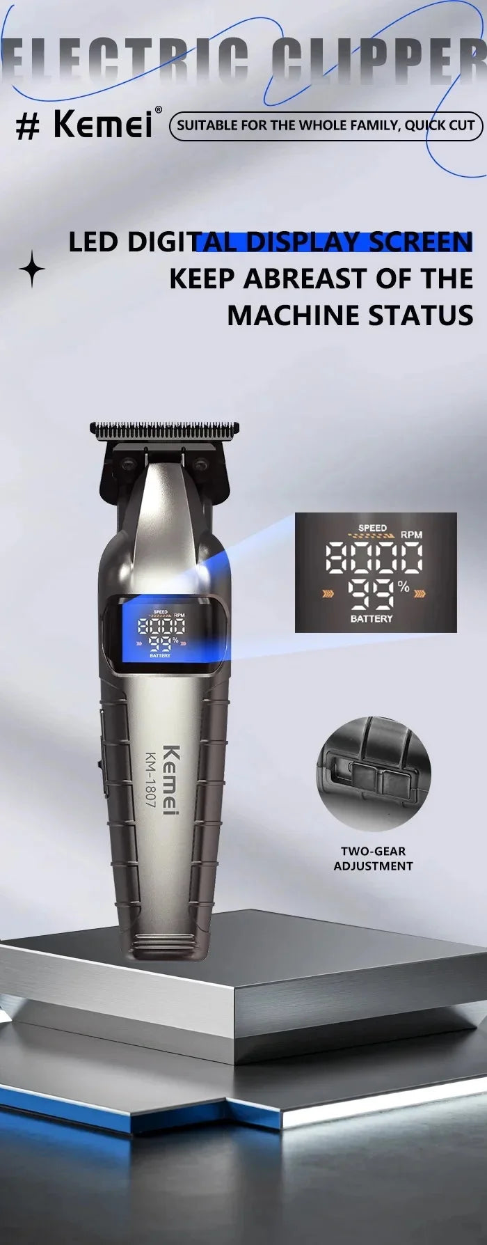 A black cordless electric clipper with a digital display screen and two-gear adjustment is shown on a metallic surface.
