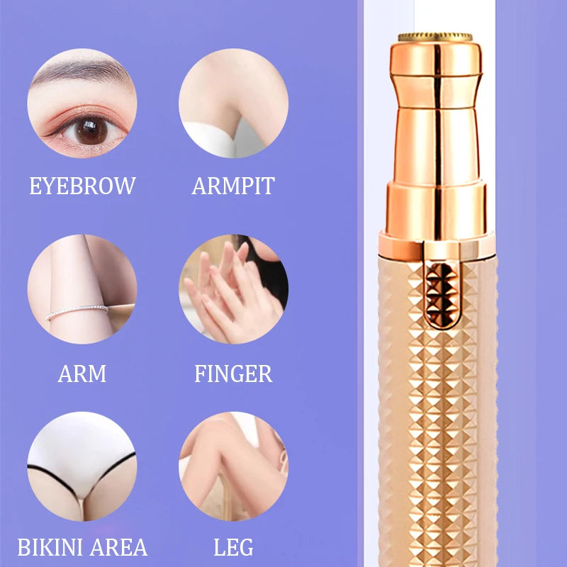 A 3-in-1 electric facial and body hair remover tool shown with various application areas like eyebrow, armpit, leg, and bikin
