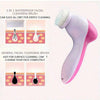 A pink electric facial cleansing brush is shown next to diagrams illustrating its cleaning capabilities.