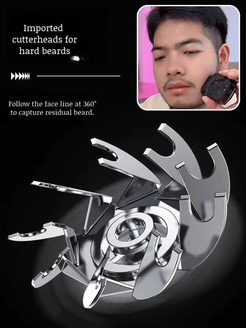 A close-up of a portable magnetic electric shaver for men showing various cutting heads and a facial line guide.