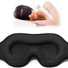 A black 3D contoured sleep mask is shown next to a woman resting, designed for deep rest.