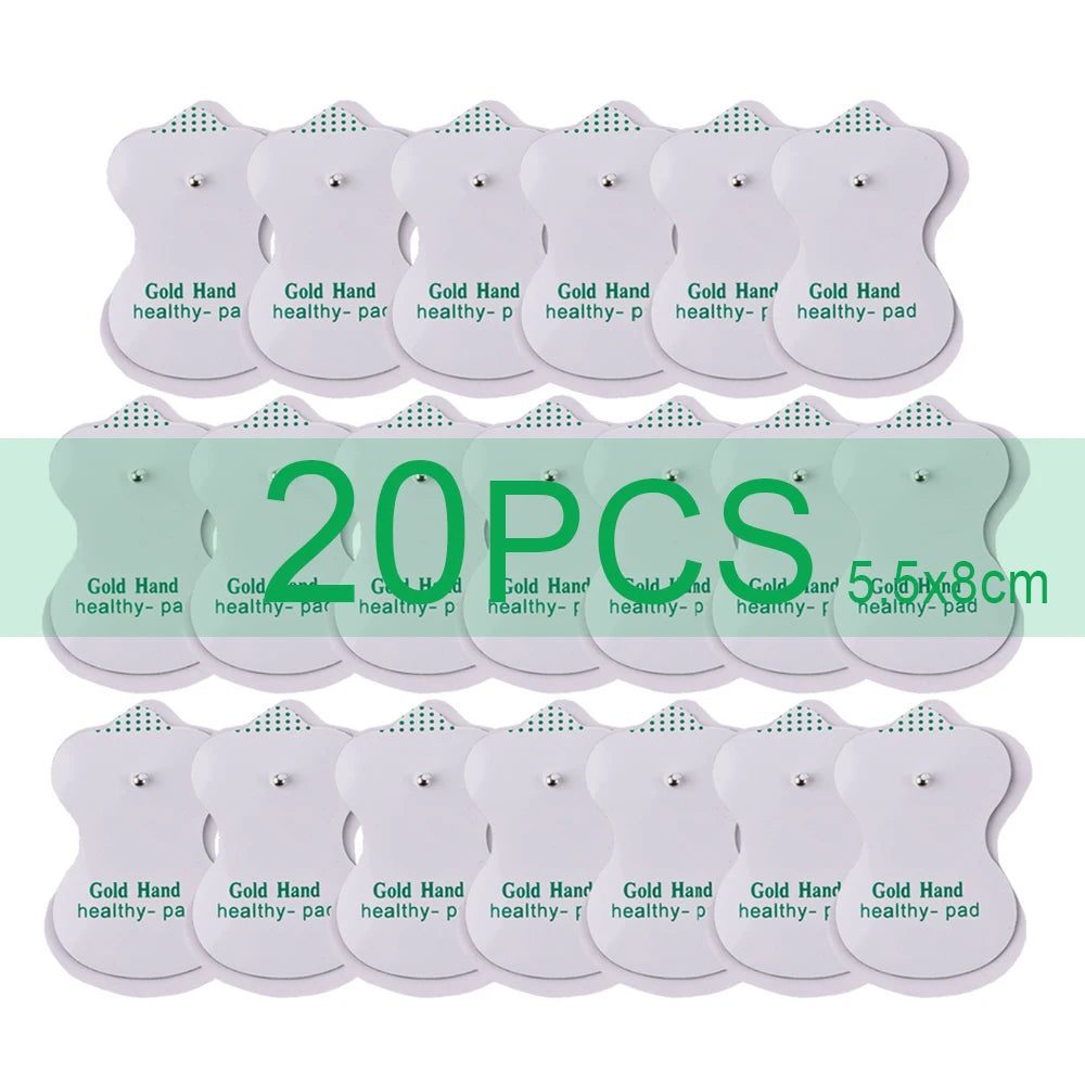 A set of twenty gold hand healthy electrode pads for muscle stimulation devices.