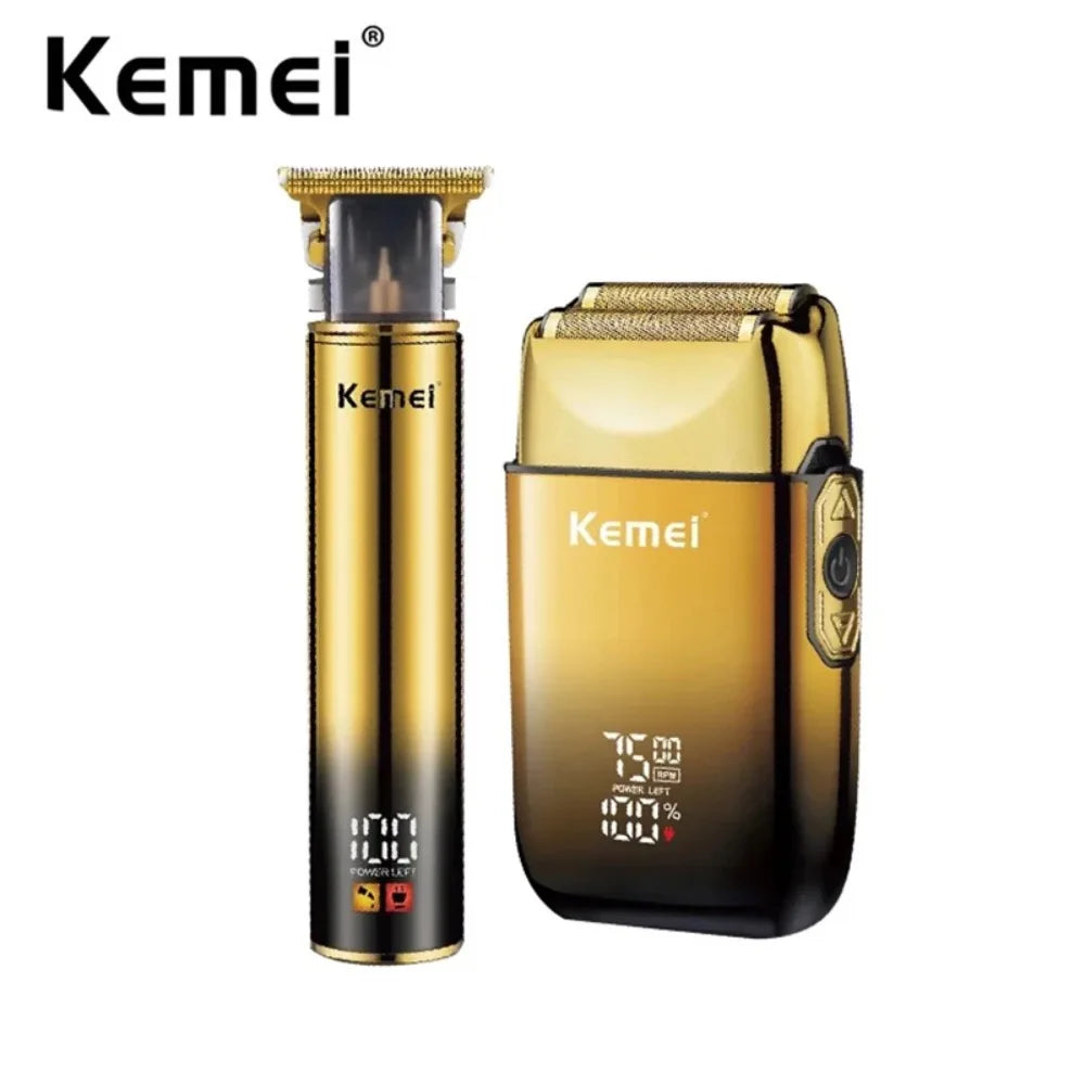 A gold-colored electric hair and beard trimmer kit with a protective cap shown against a white background.