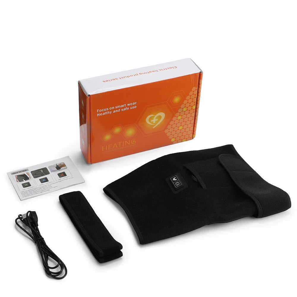 An infrared heat and vibration hip massager belt is shown with its box and a black fabric belt.