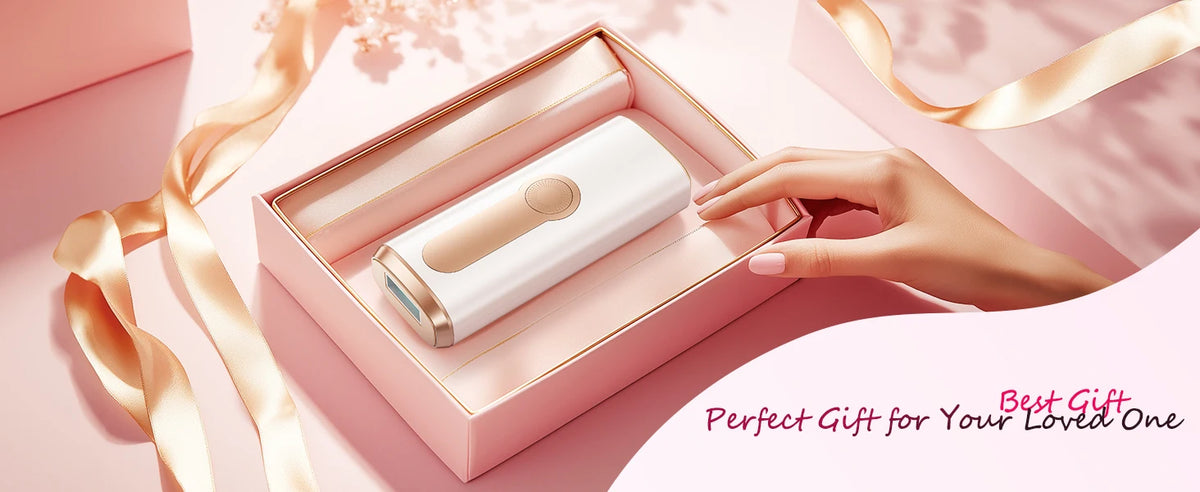 A hand is placing an IPL hair removal device in a pink box with a satin ribbon, suggesting it as a perfect gift.
