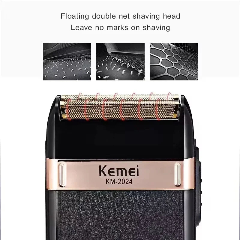 A close-up view of a black beard and hair trimmer with a rose gold accent, showing the floating double net shaving head.