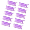Una colección de clips reutilizables de plástico morado para manicura, dispuestos en fila.