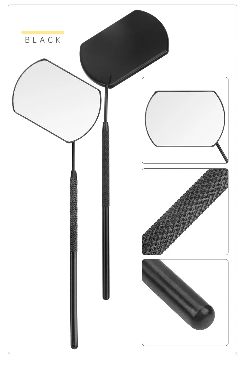 A set of black professional stainless steel lash extension mirrors including a paddle, handle, and mirror components.