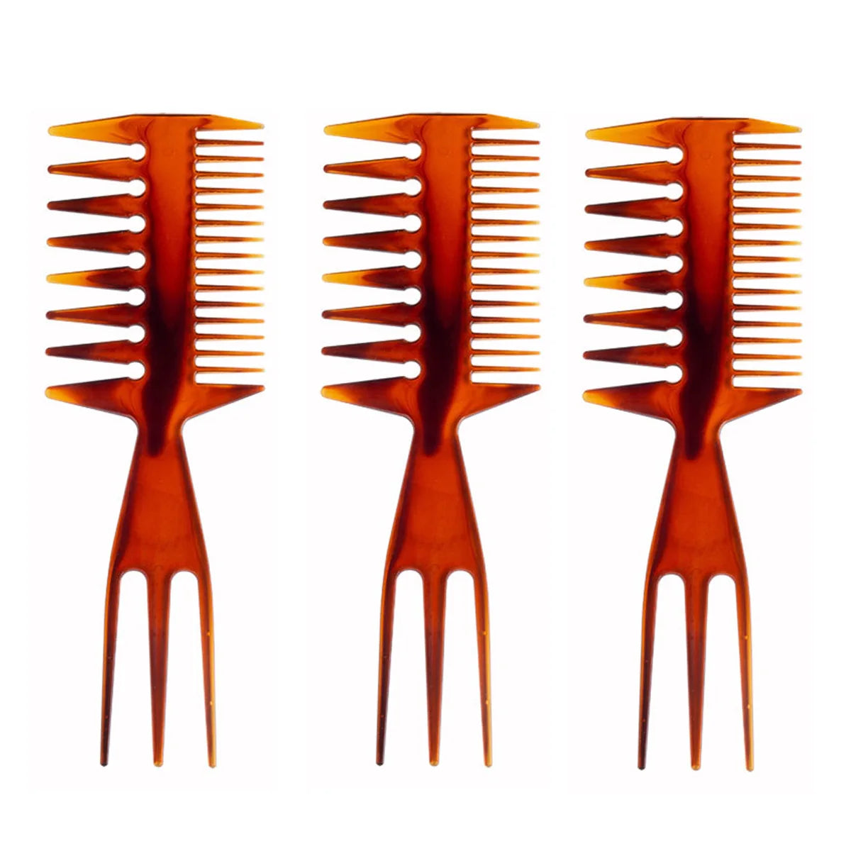 A set of three wooden combs for detangling and styling hair, showing different sizes.