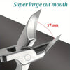 Close-up of a stainless steel nail clipper showing the super large cut mouth with a 17mm measurement mark.