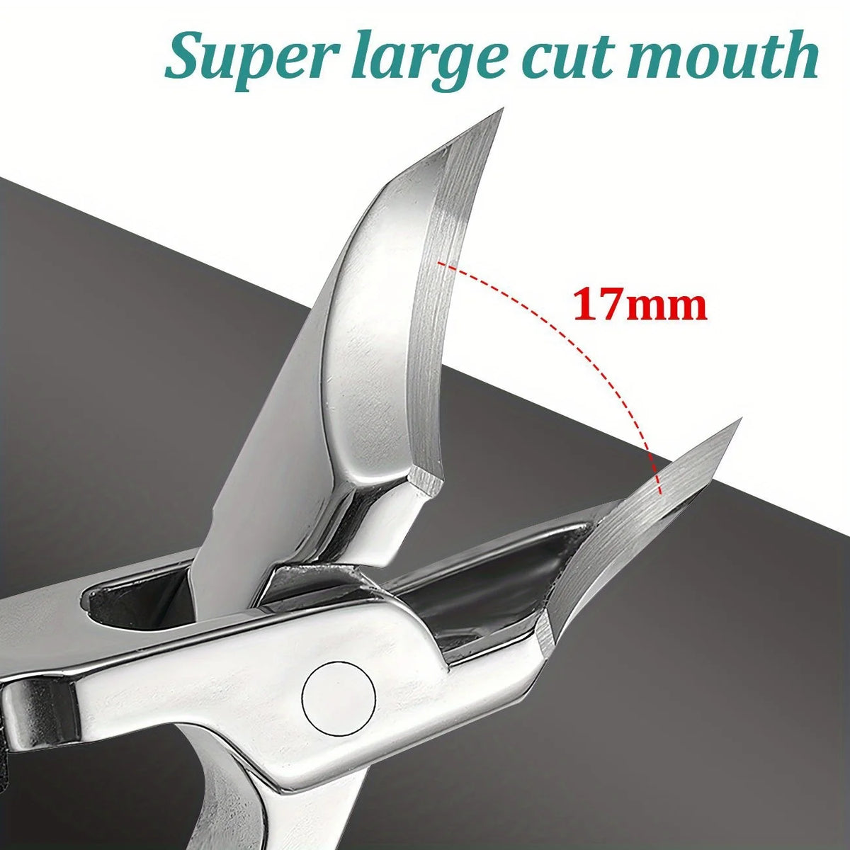 Close-up of a stainless steel nail clipper showing the super large cut mouth with a 17mm measurement mark.