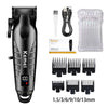 A black electric hair clipper kit showing the main unit and various attachments for cutting hair.