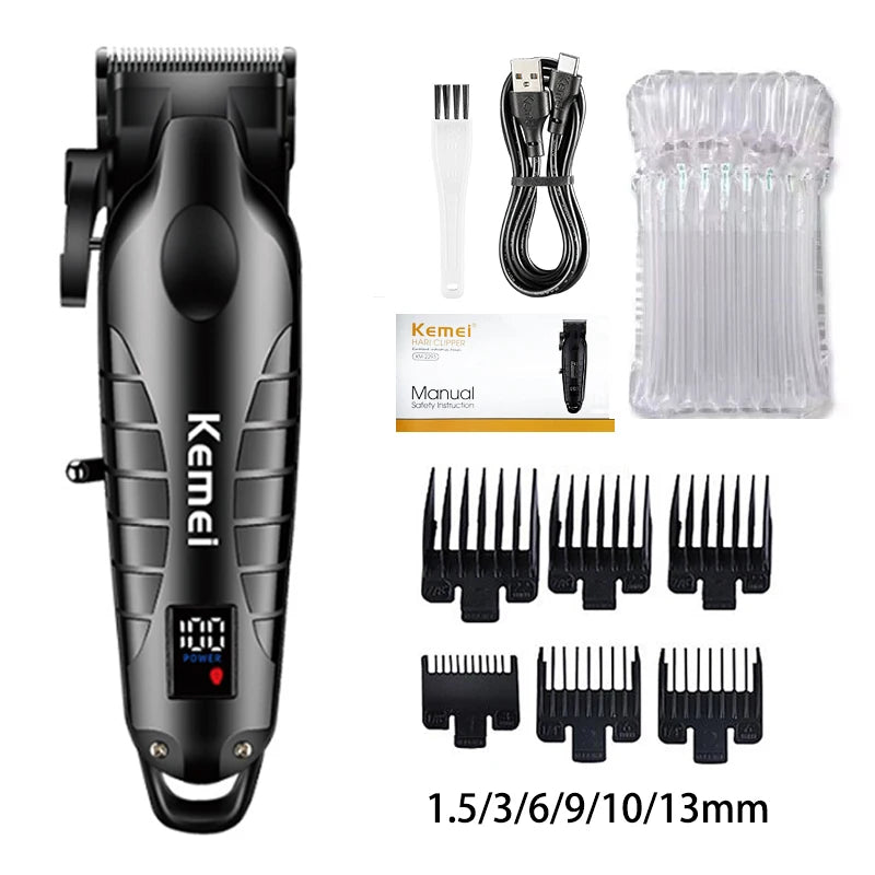 A black electric hair clipper kit showing the main unit and various attachments for cutting hair.