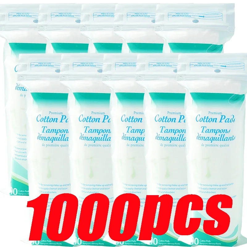 A package of 1000 disposable cotton pads for makeup removal and face cleaning.