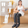 A woman is shown using an air compression leg massager on her legs, with diagrams illustrating different application points.
