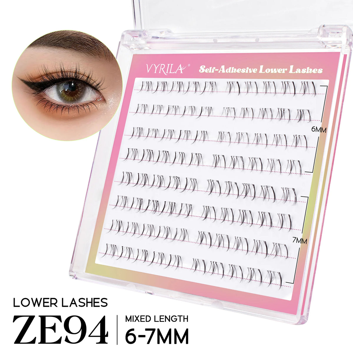 A box of VYRILA self-adhesive lower lashes labeled ZE94 mixed length 6-7mm eyelash extensions.