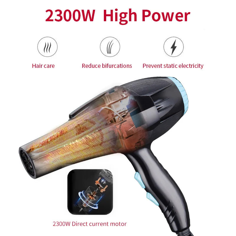 A black high-power hair dryer with a textured finish and a direct current motor visible.