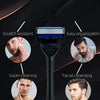 A black stainless steel safety razor with a blue head, surrounded by icons highlighting features like scratch resistance and 
