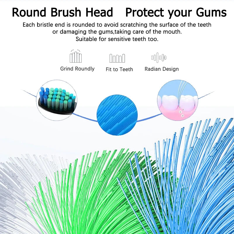 Close-up view of replacement toothbrush heads showing various designs and bristles.