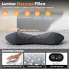 A dark gray lumbar massage pillow is shown with a detailed design, featuring a soft texture and a plug-in port for one-click 